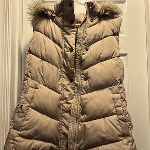 GAP Tan Quilted Vest with Faux Fur Trim